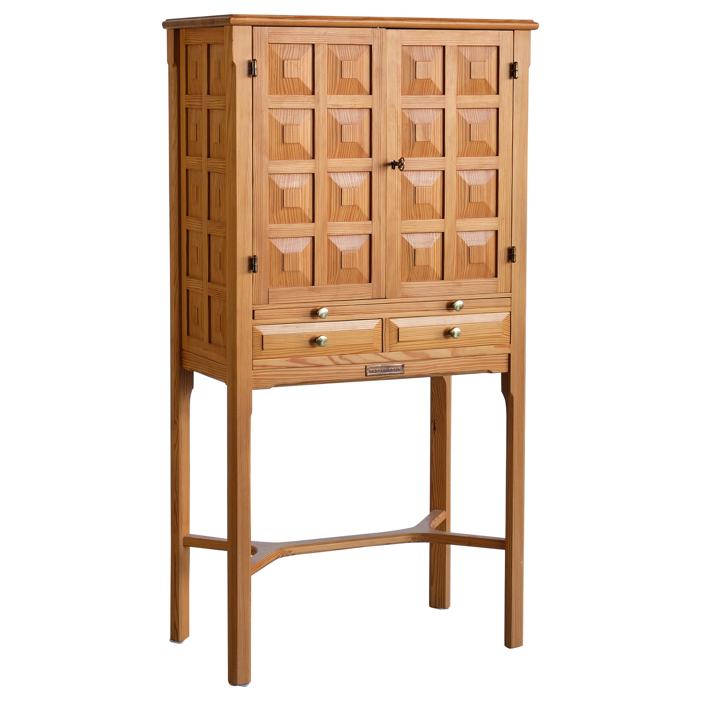 Ulf Ekdahl Cabinet in Solid Pine Wood and Brass, Nybro, Sweden, 1979 For Sale