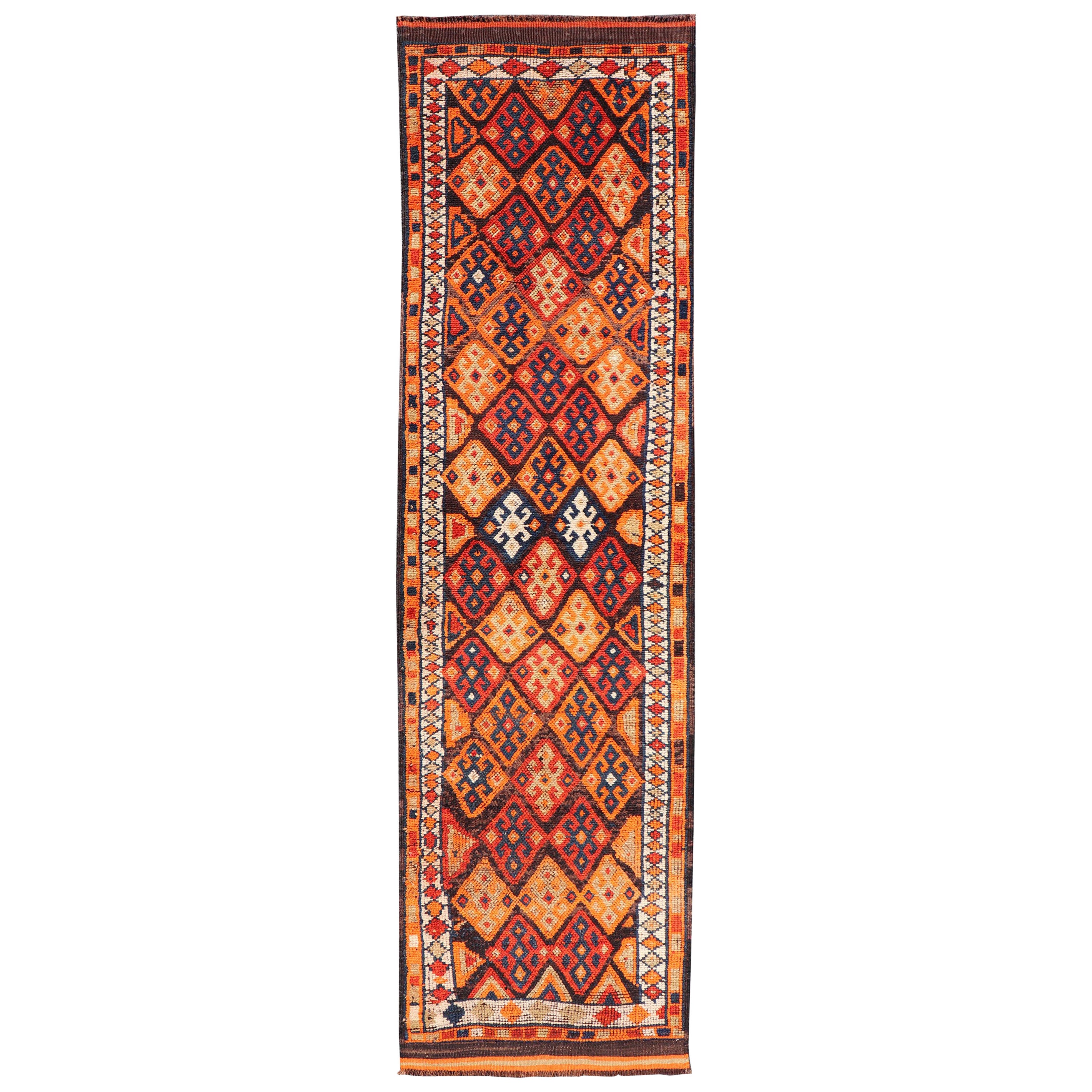Vintage Turkish Runner with All-Over Diamond Tribal Design in Multi-Colors