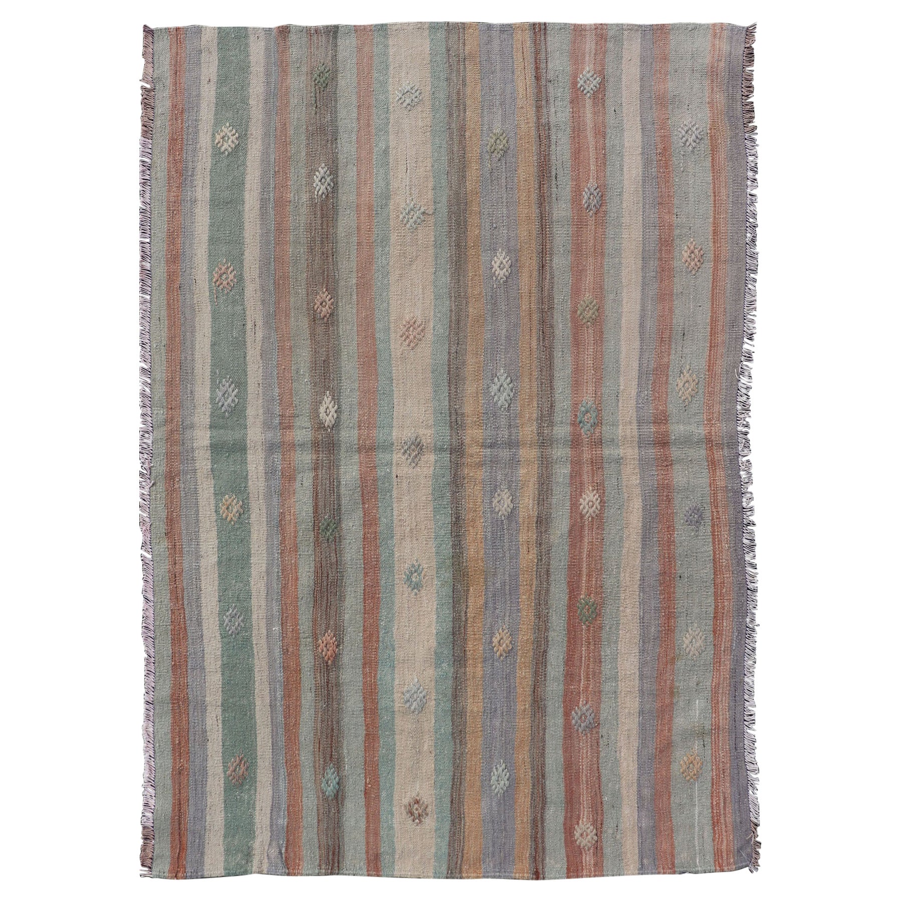 Colorful Vintage Turkish Flat-Weave Kilim Rug with Geometric Striped Design