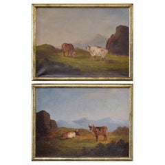 Pair French Oils on Canvas, Grazing Cattle in Mountain Landscape, 2ndq, 19th Cen