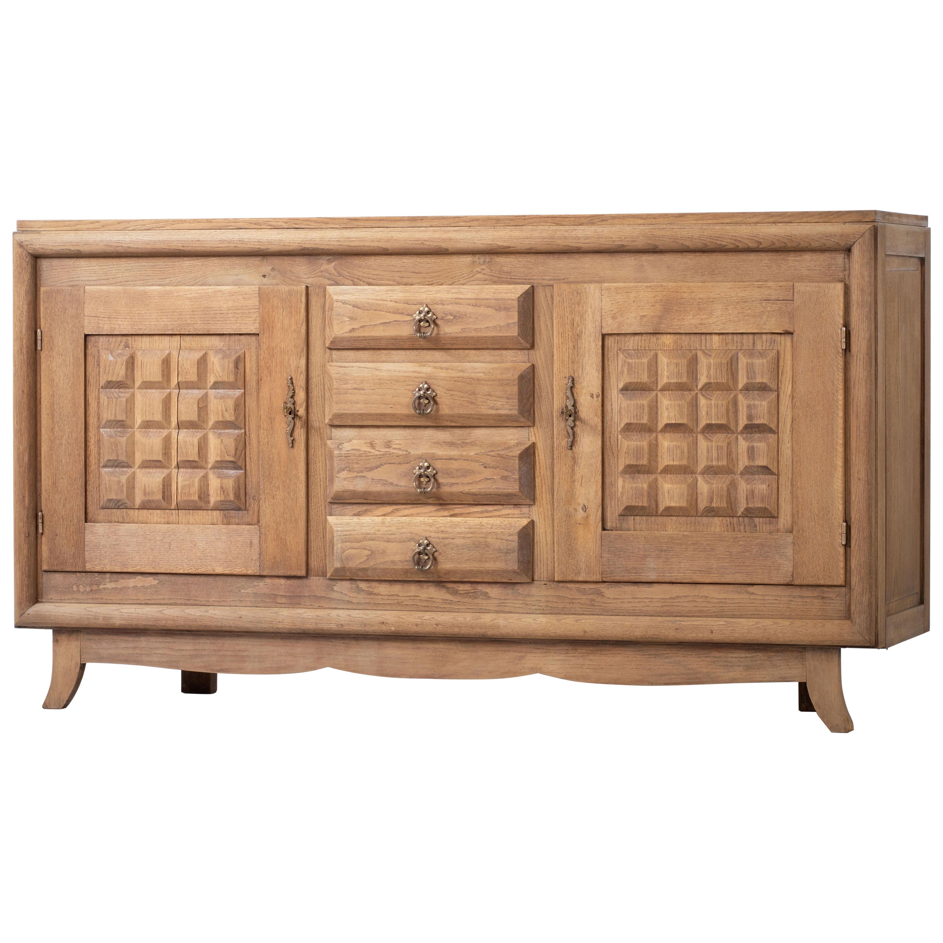 Raw Solid Oak Cabinet with Graphic Details, France, 1940s