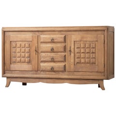Vintage Raw Solid Oak Cabinet with Graphic Details, France, 1940s