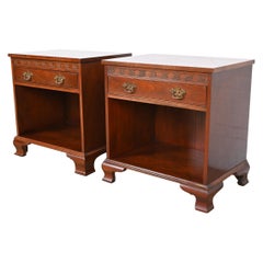 Retro Baker Furniture English Chippendale Carved Mahogany Nightstands, Pair