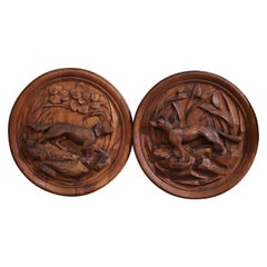 Pair of 19th Century French Black Forest Carved Oak Fox and Wolf Wall Medallions