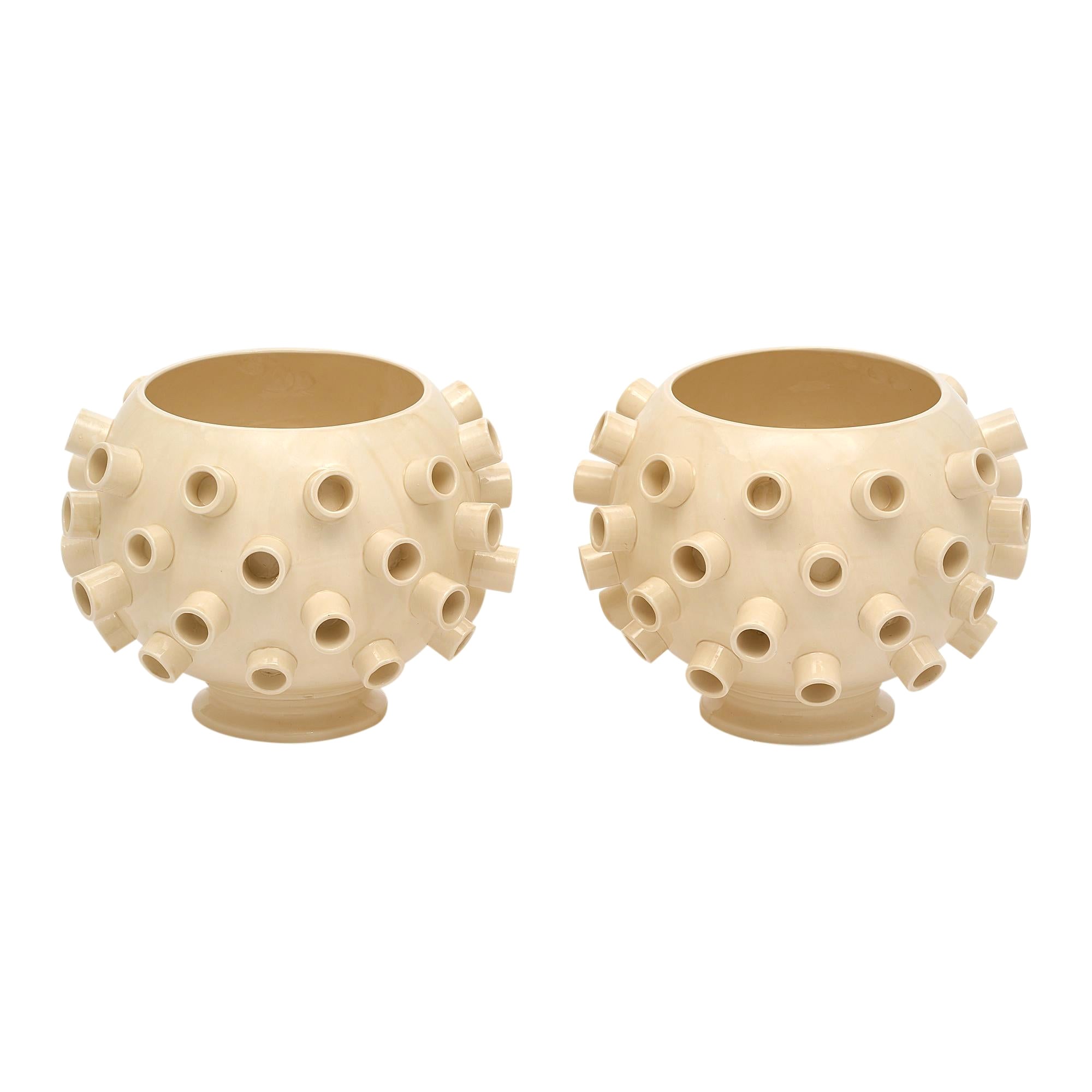 Italian Ivory Ceramic Pair of Vases For Sale