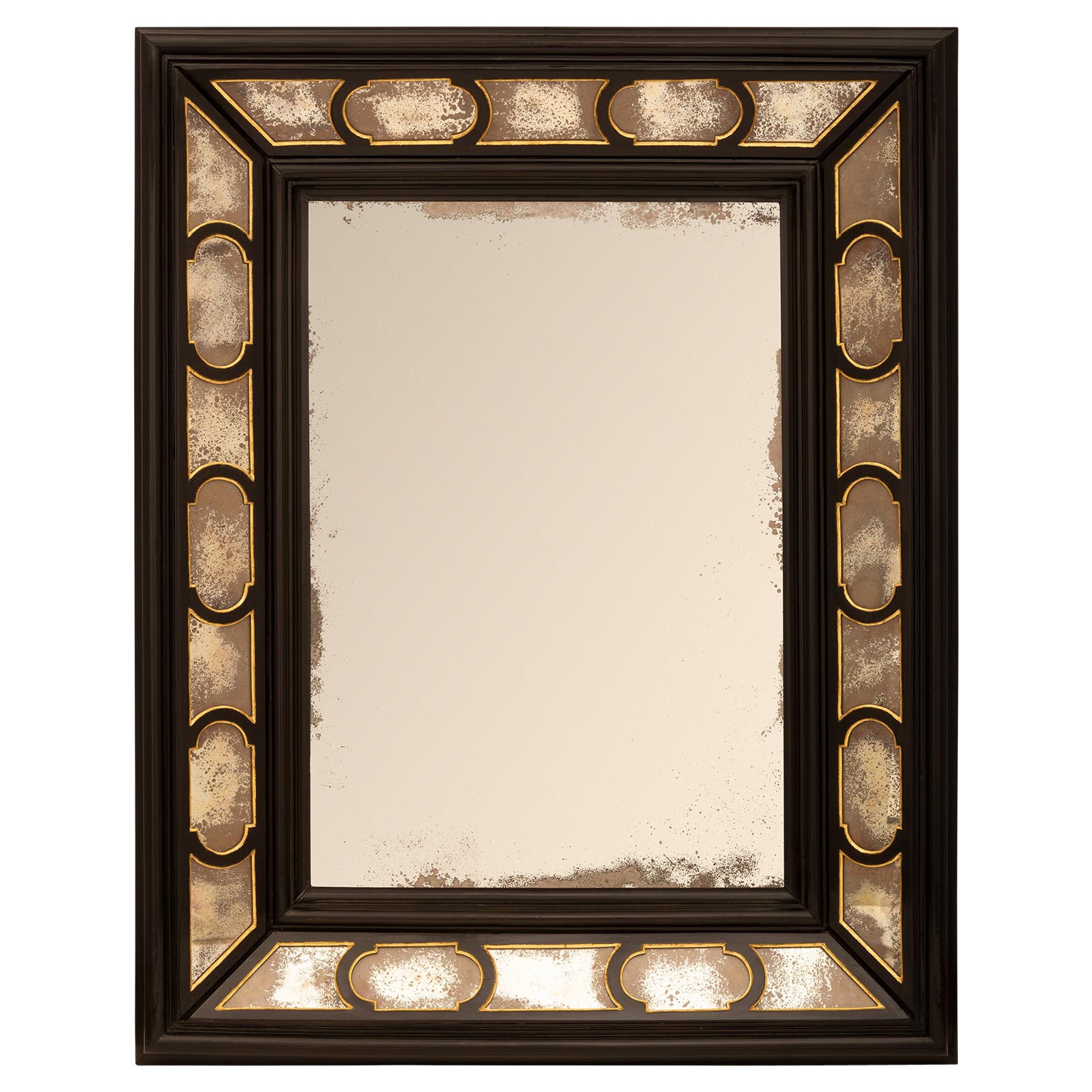 Miroir à double cadre italien du 19ème siècle en bois fruitier et bois doré ébénisé