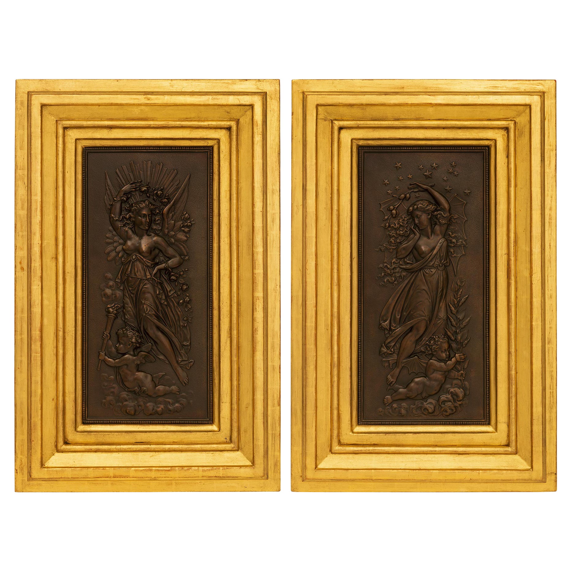 Pair of French 19th Century Belle Époque Period Bronze & Giltwood Wall Plaques For Sale