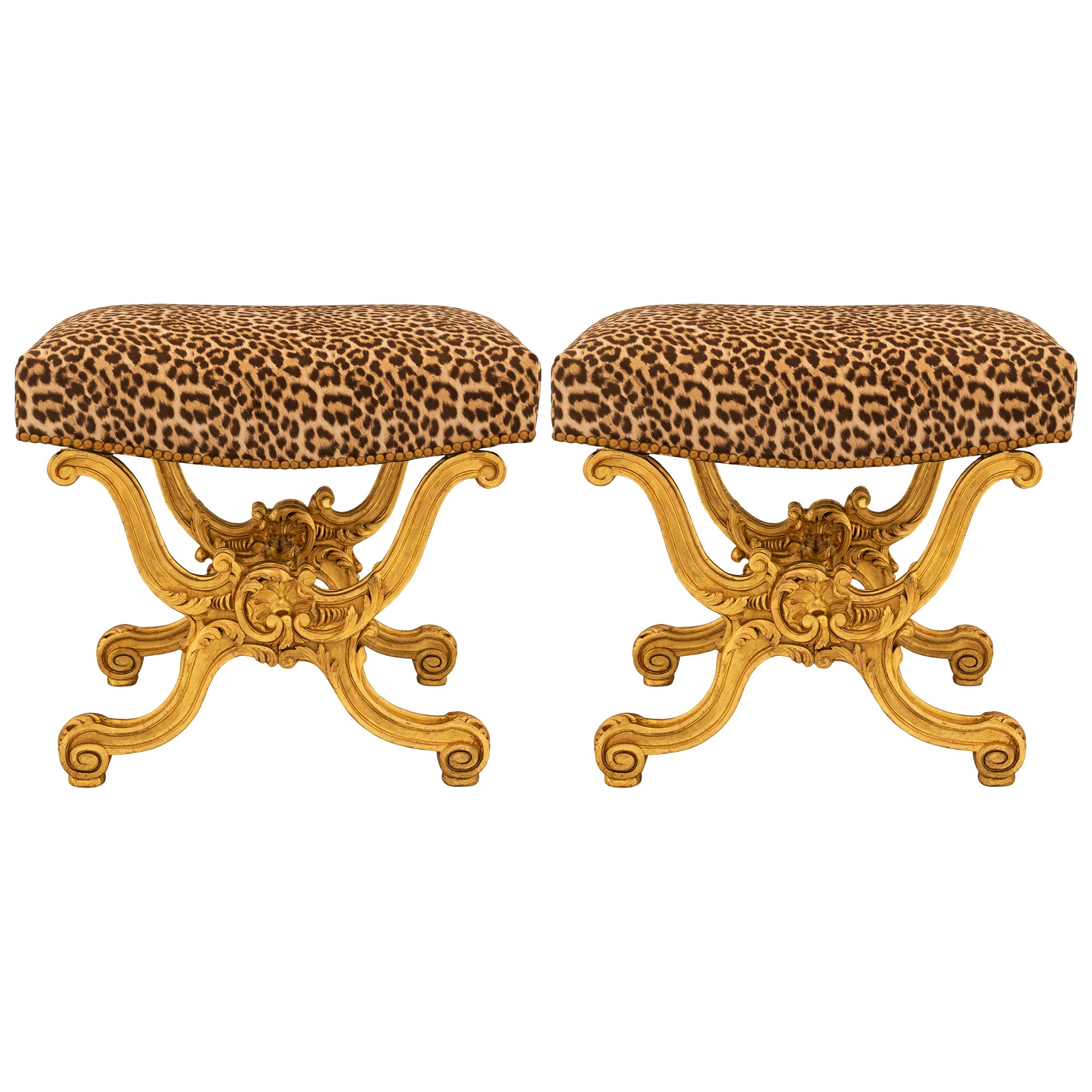 Pair of Italian 19th Century Louis XV St. Giltwood Benches