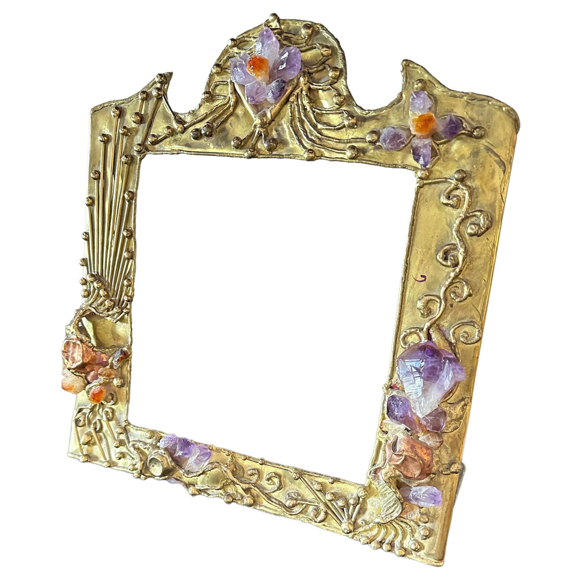 Sculptural Frame, Jeweled Brass Witamethyst, Quartz and Copper Accents