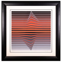 Sérigraphie Op Art Modern signée Victor Vasarely, lignes noires et rouges, 226/300 encadrée