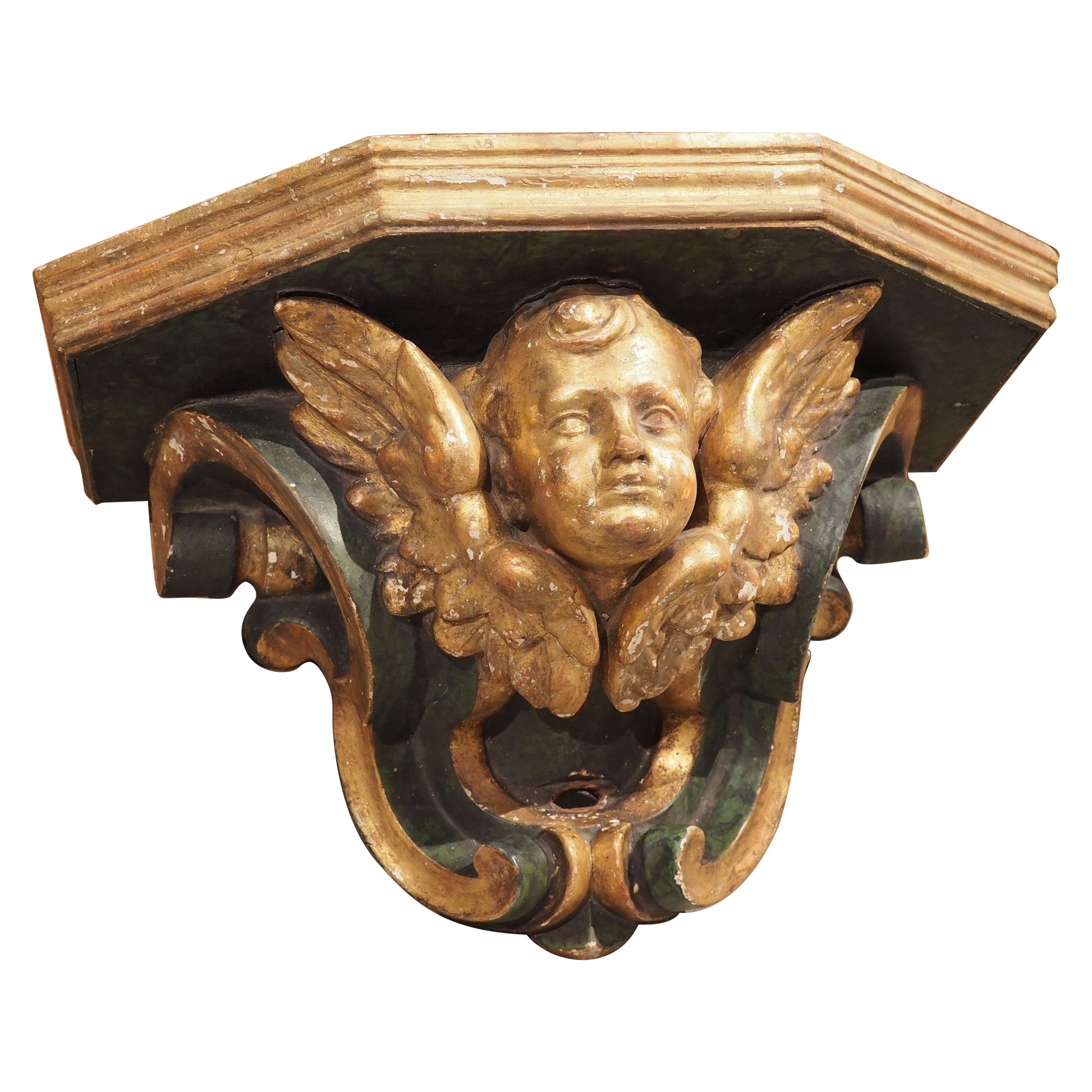 Antique Italian Painted and Giltwood Cherub Wall Bracket, circa 1850 For Sale