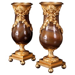 Pair 19th Century Louis XVI Style Gilt Bronze & Agate Vases 