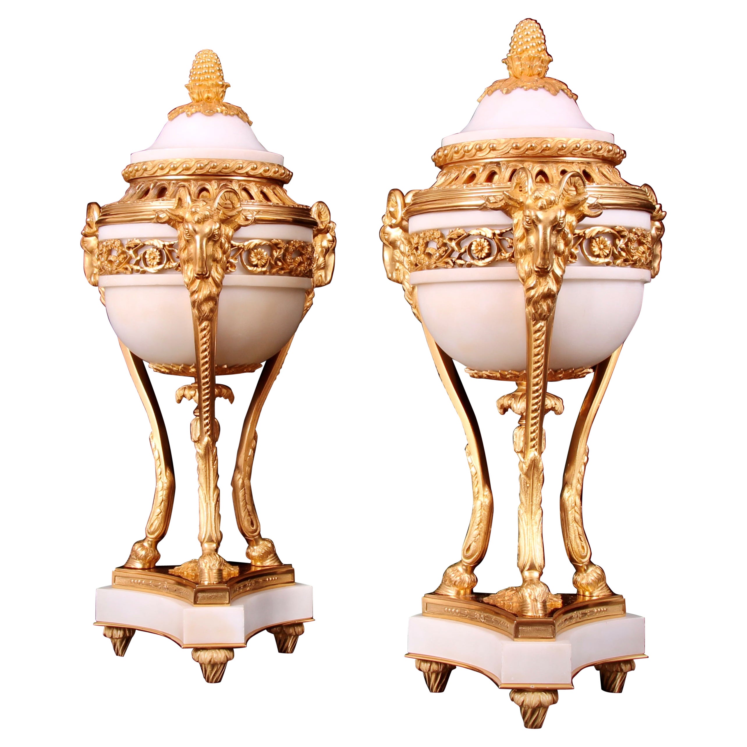 Pair 19th Century Gilt Bronze & Marble Lidded Vases