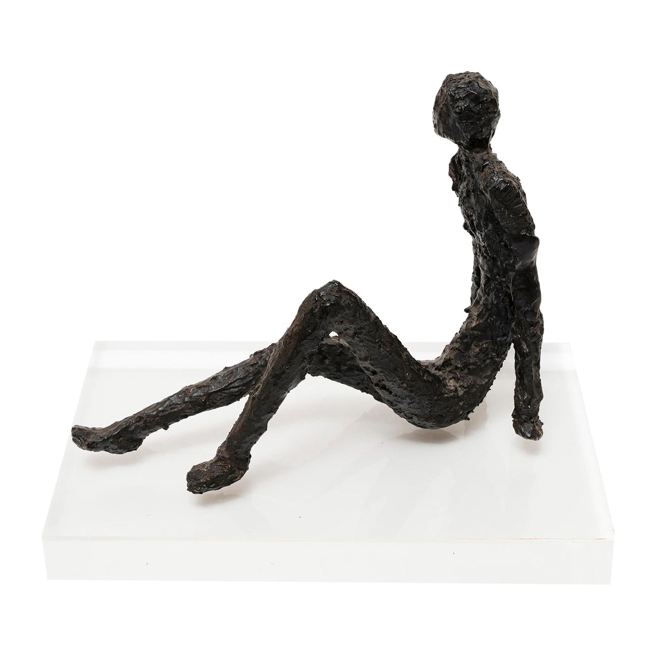 Sculpture Figurative Man Sitting Contemplation Bronze Manner Giacometti For Sale