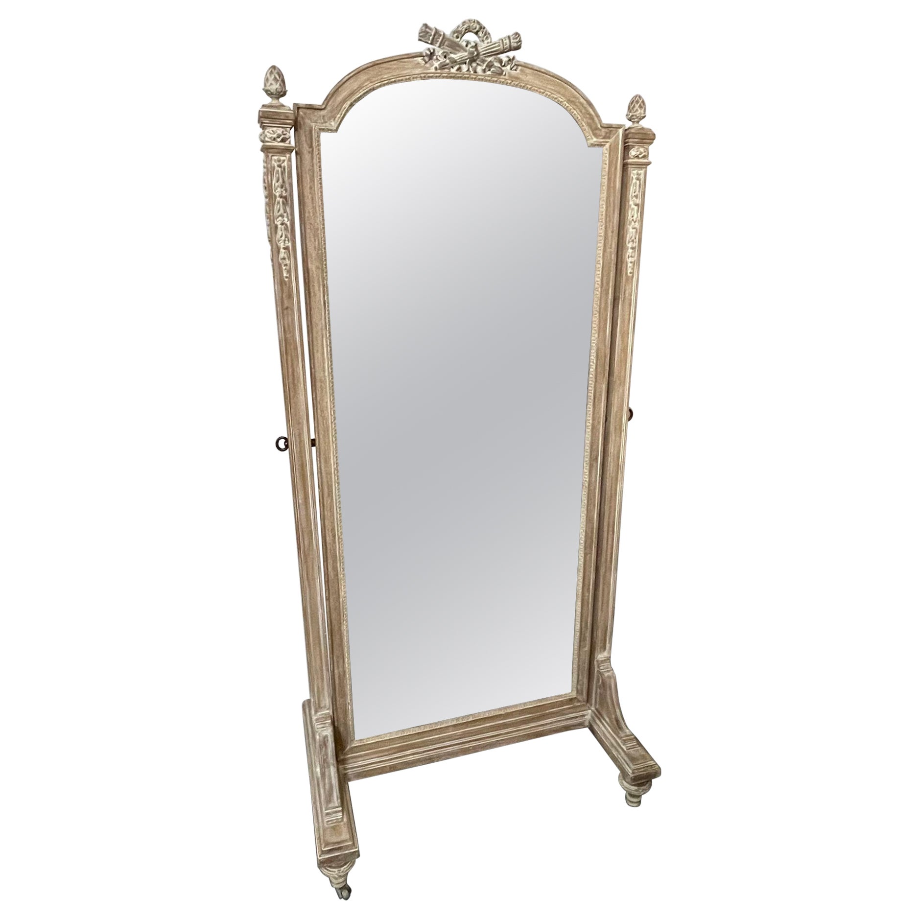 19ème siècle Cheval, Floor Mirror, Louis XVI, Whitewashed, Standing Mirror