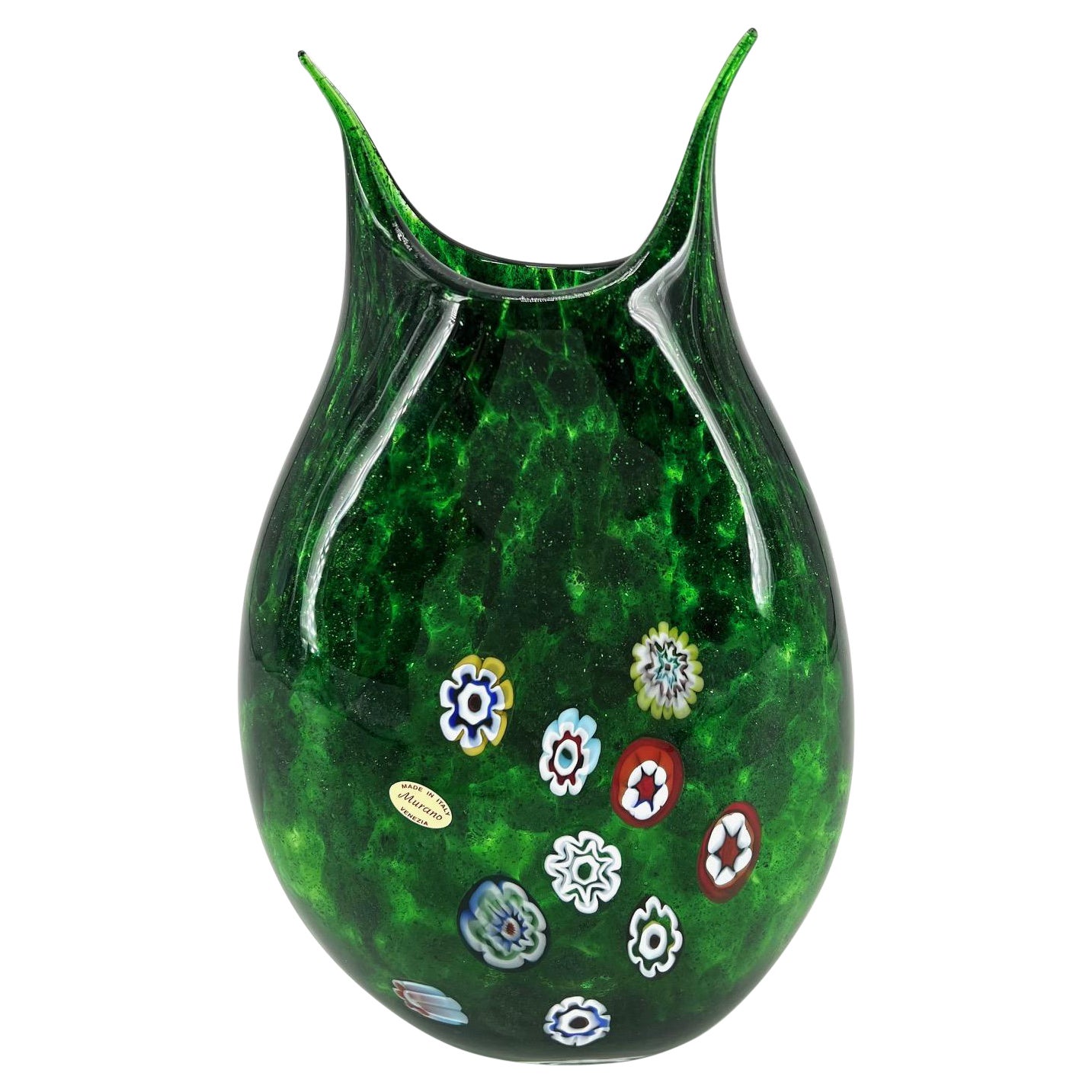 1295 Murano Hand made Green Avventurina Murrine Vase hauteur 17.7 Inches en vente