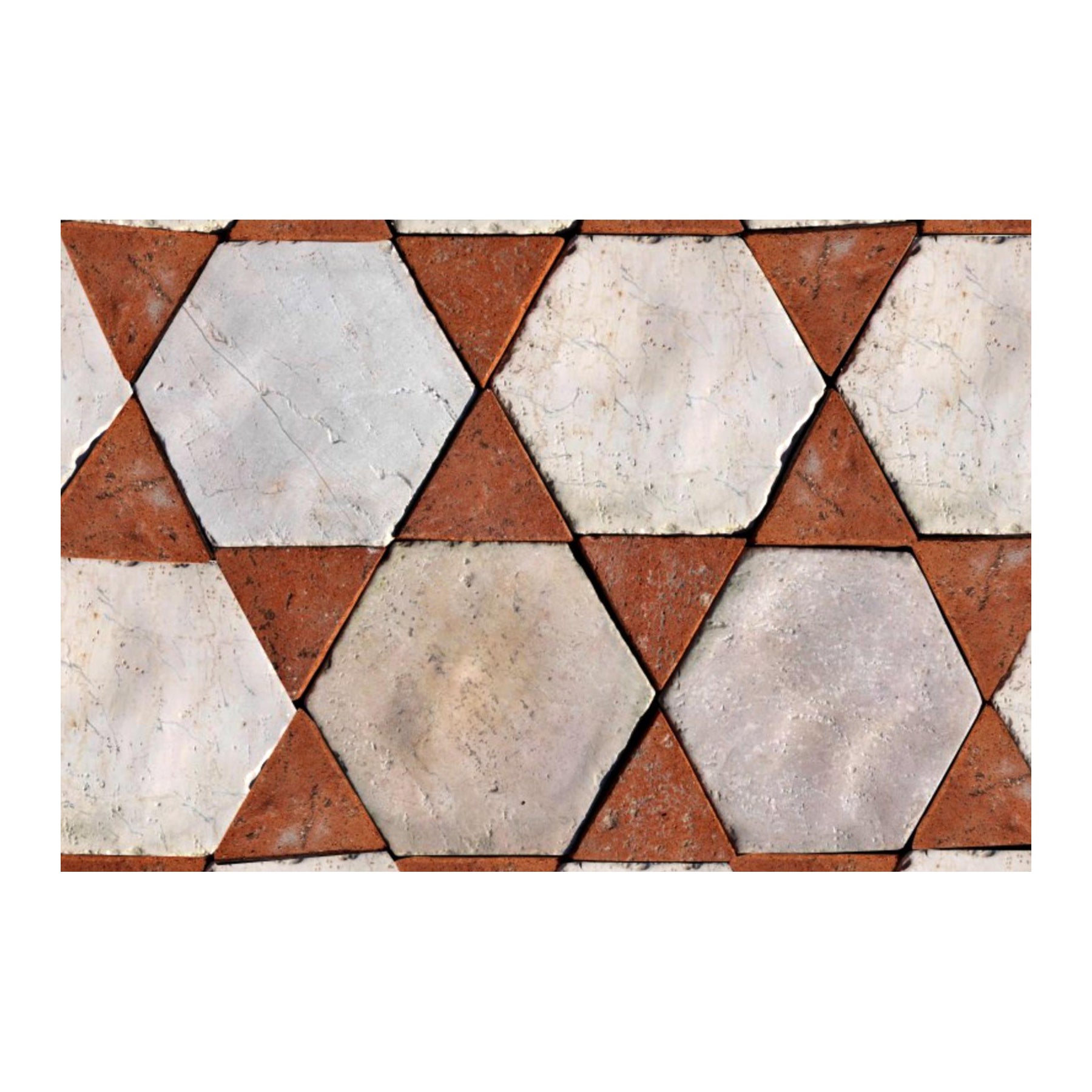 Floor with Hexagons and Triangles Carrara Marble and Red Terracotta Early 20th C For Sale