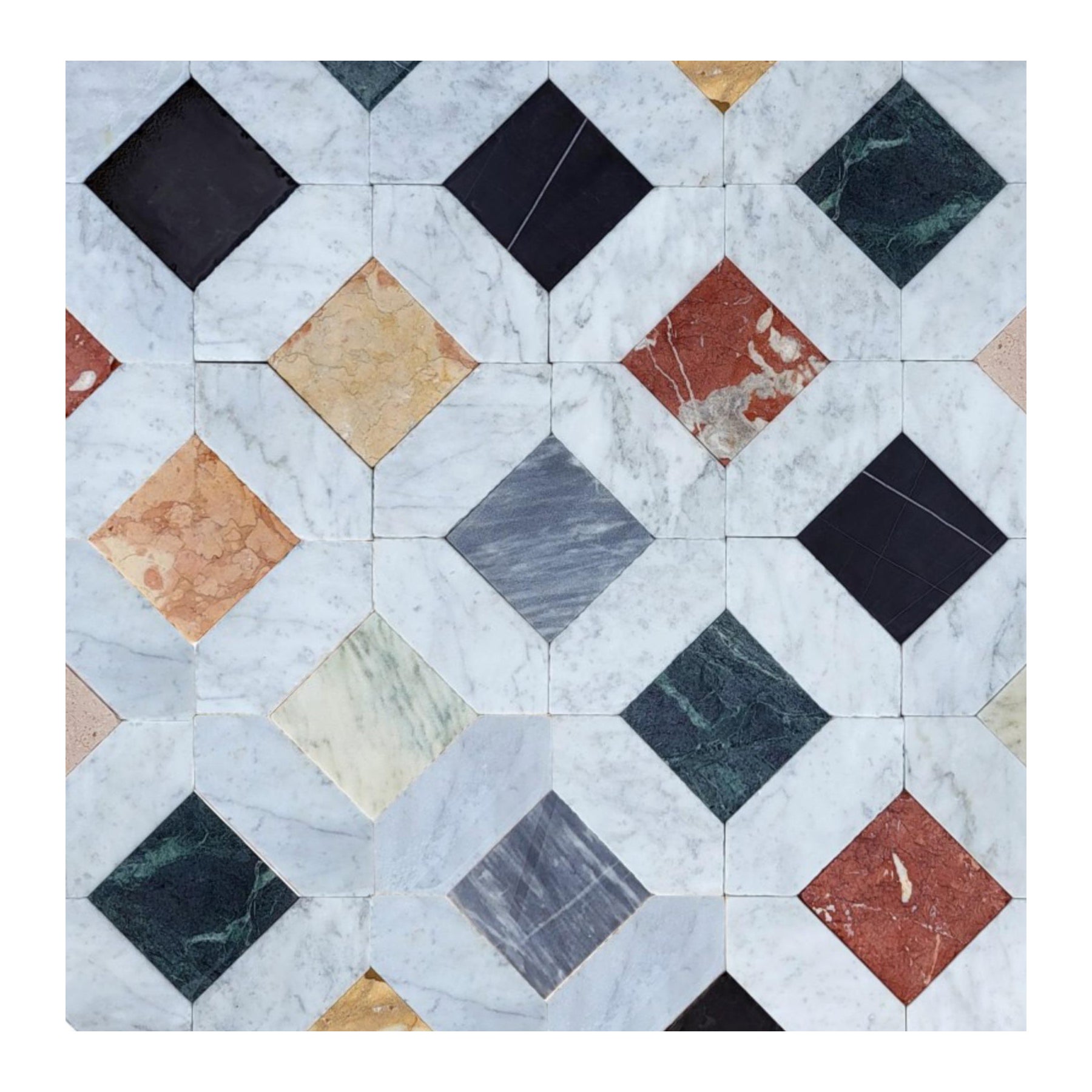 FLOOR IN POLYCHROME MARBLE WITH LOSANGE IN WHITE CARRARA MARBLE early 20th C For Sale