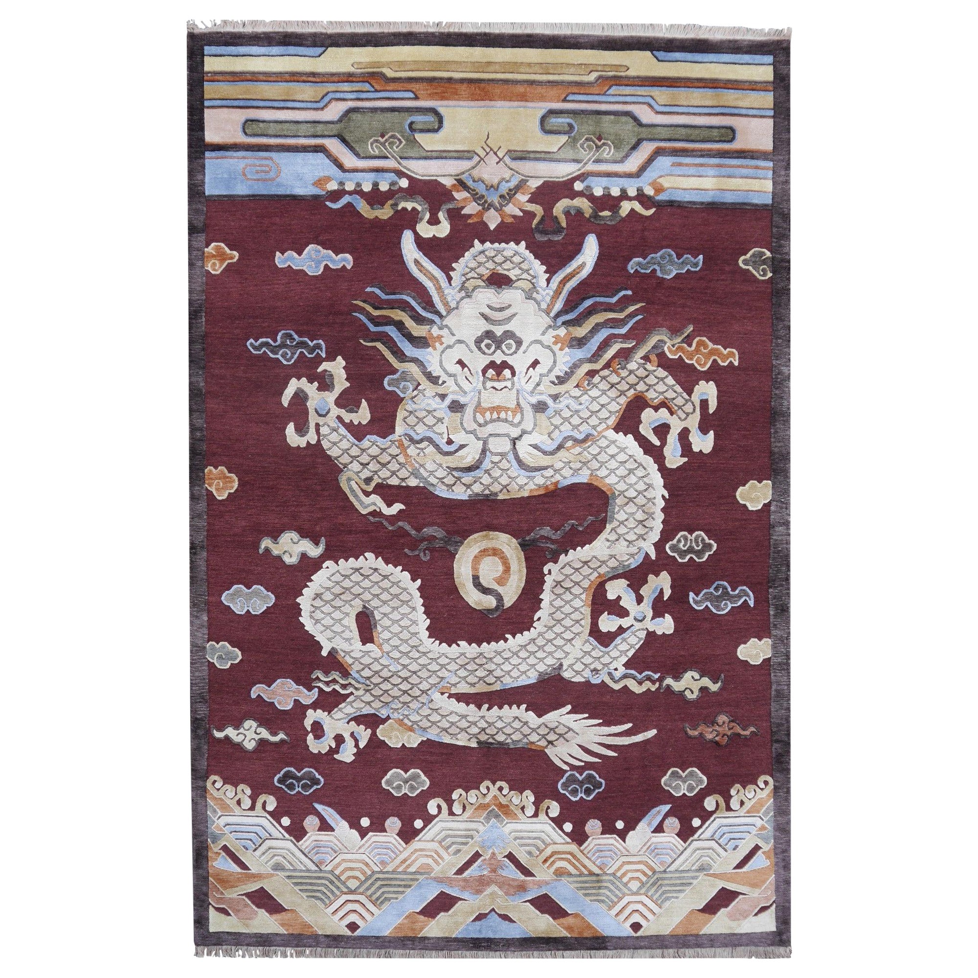 Tibetan Dragon Rug Wool Silk in Style of Imperial Chinese Kansu Design Carpets For Sale
