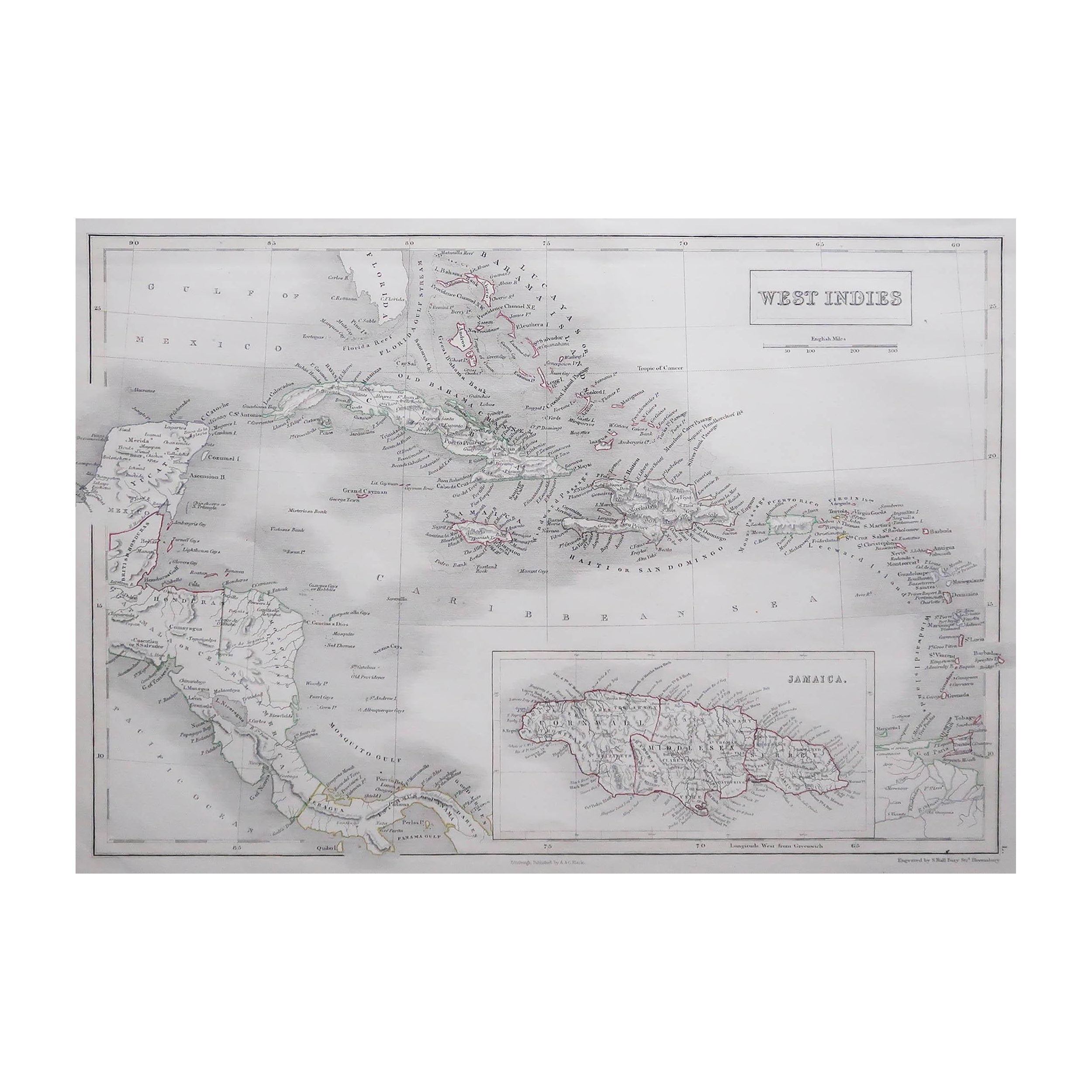 Large Original Antique Map of The West Indies by Sidney Hall, 1847