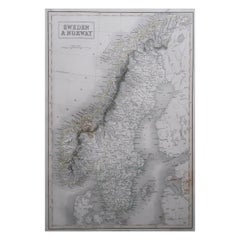 Large Original Antique Map of Sweden and Norway by Sidney Hall, 1847