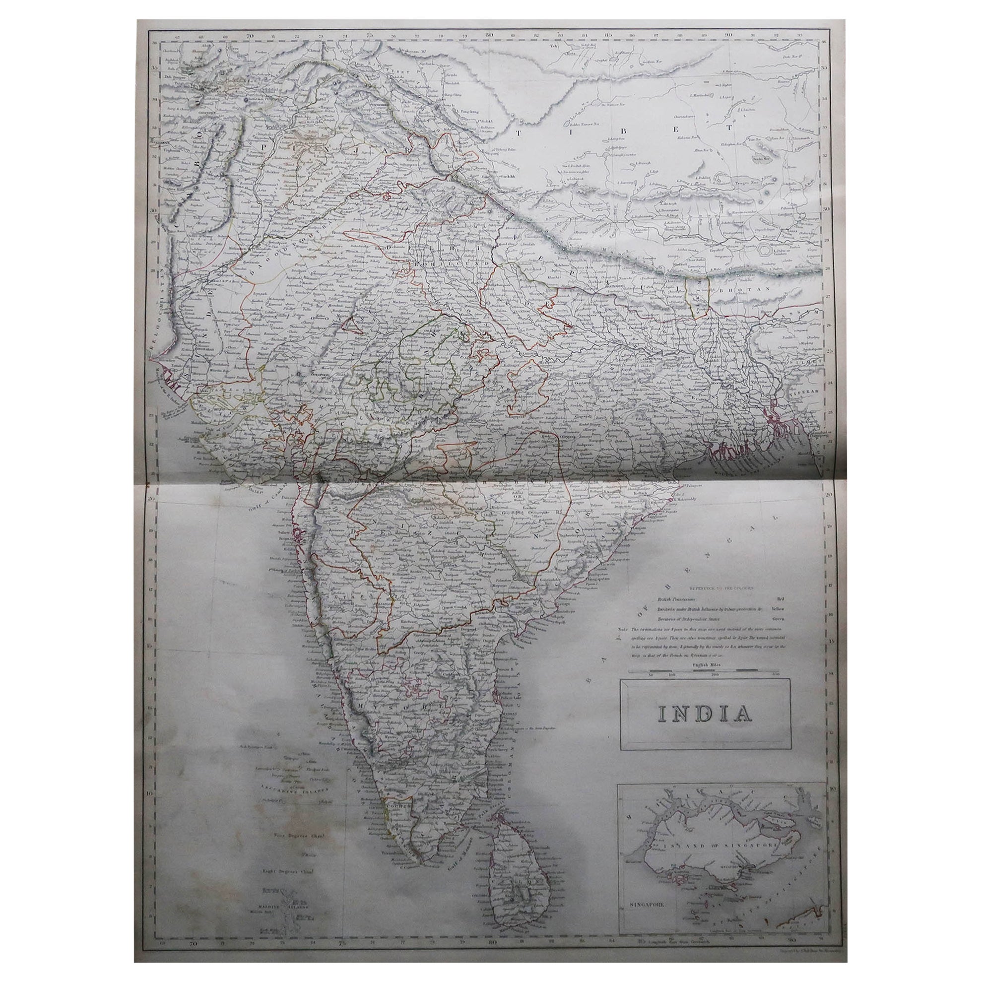 Large Original Antique Map of India by Sidney Hall, 1847