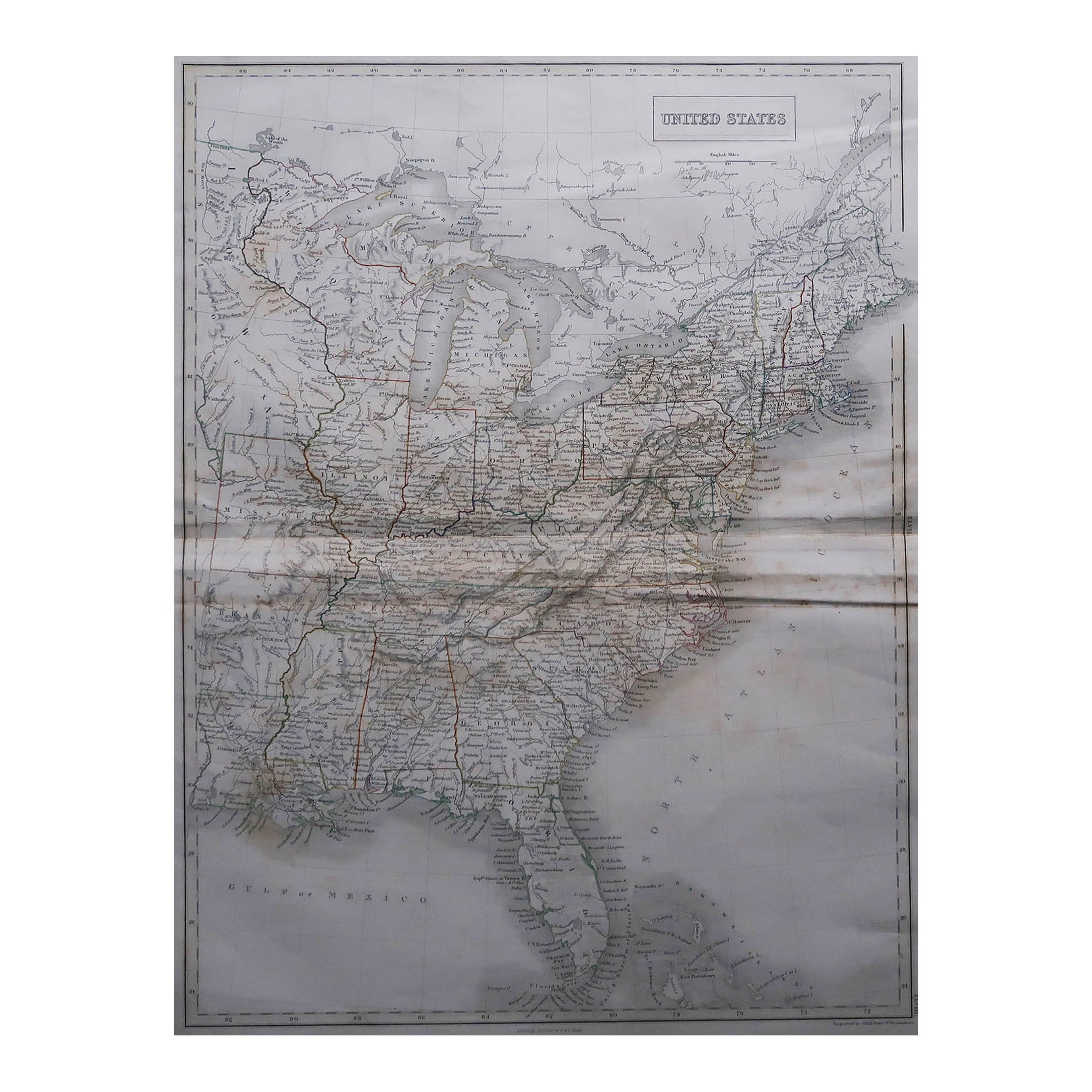 Gran Mapa Antiguo Original de Estados Unidos por Sidney Hall, 1847