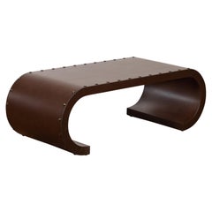 Midcentury Waterfall Scroll Table with Crackled Brown Faux Leather