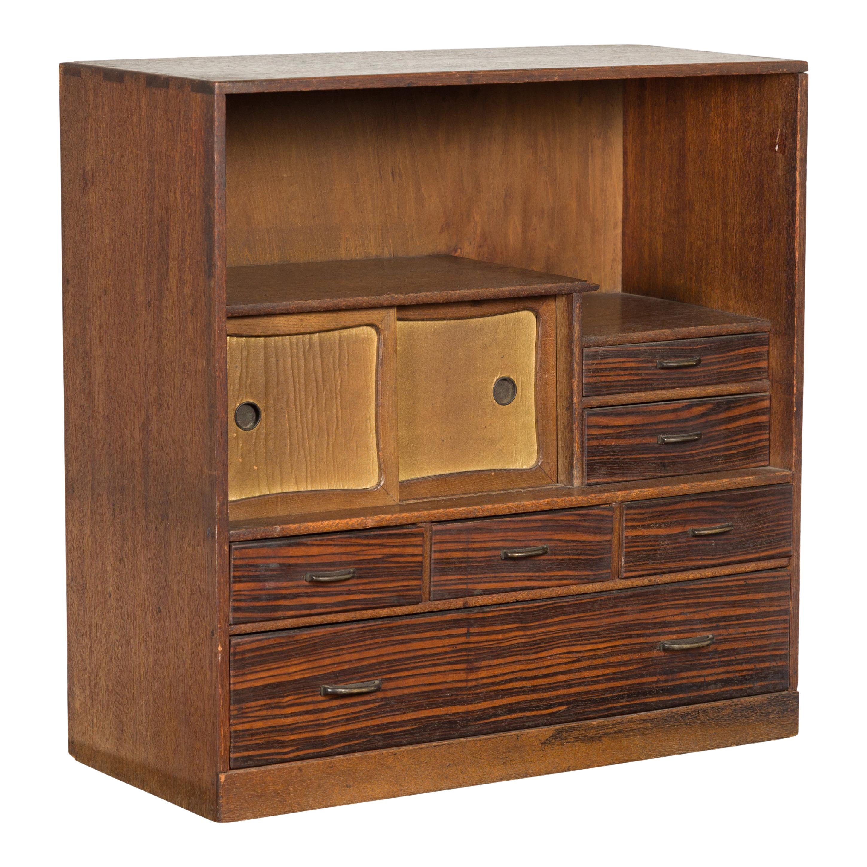 Miniature Japanese Taishō Period Zebra Wood Tansu Chest with Sliding Doors