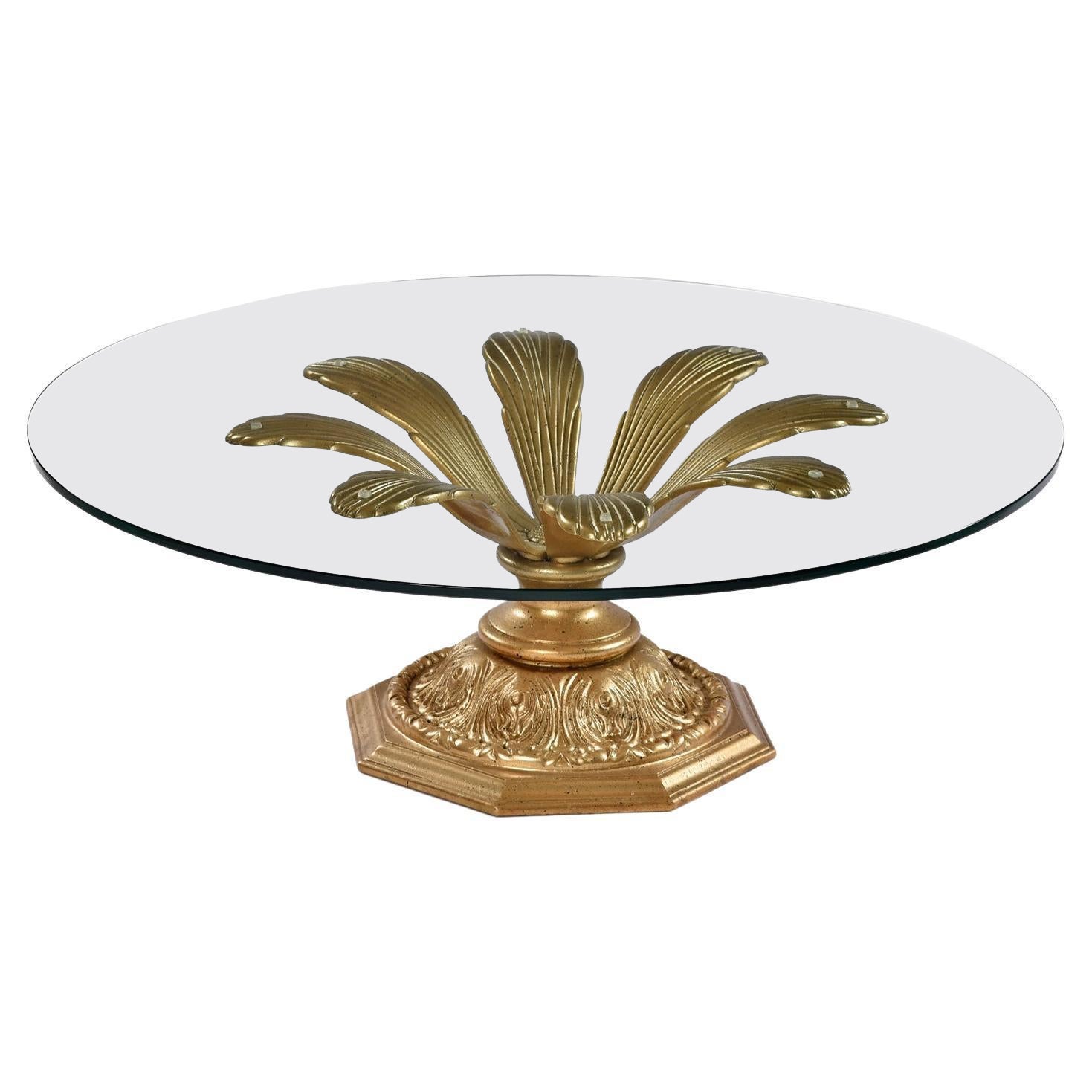 Blossoming Flower Petal Hollywood Regency Gilt Metal Glass Top Coffee Table