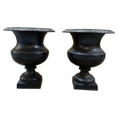 Mid Century Vintage Pair of Cast Iron Garden Urns Black Finish