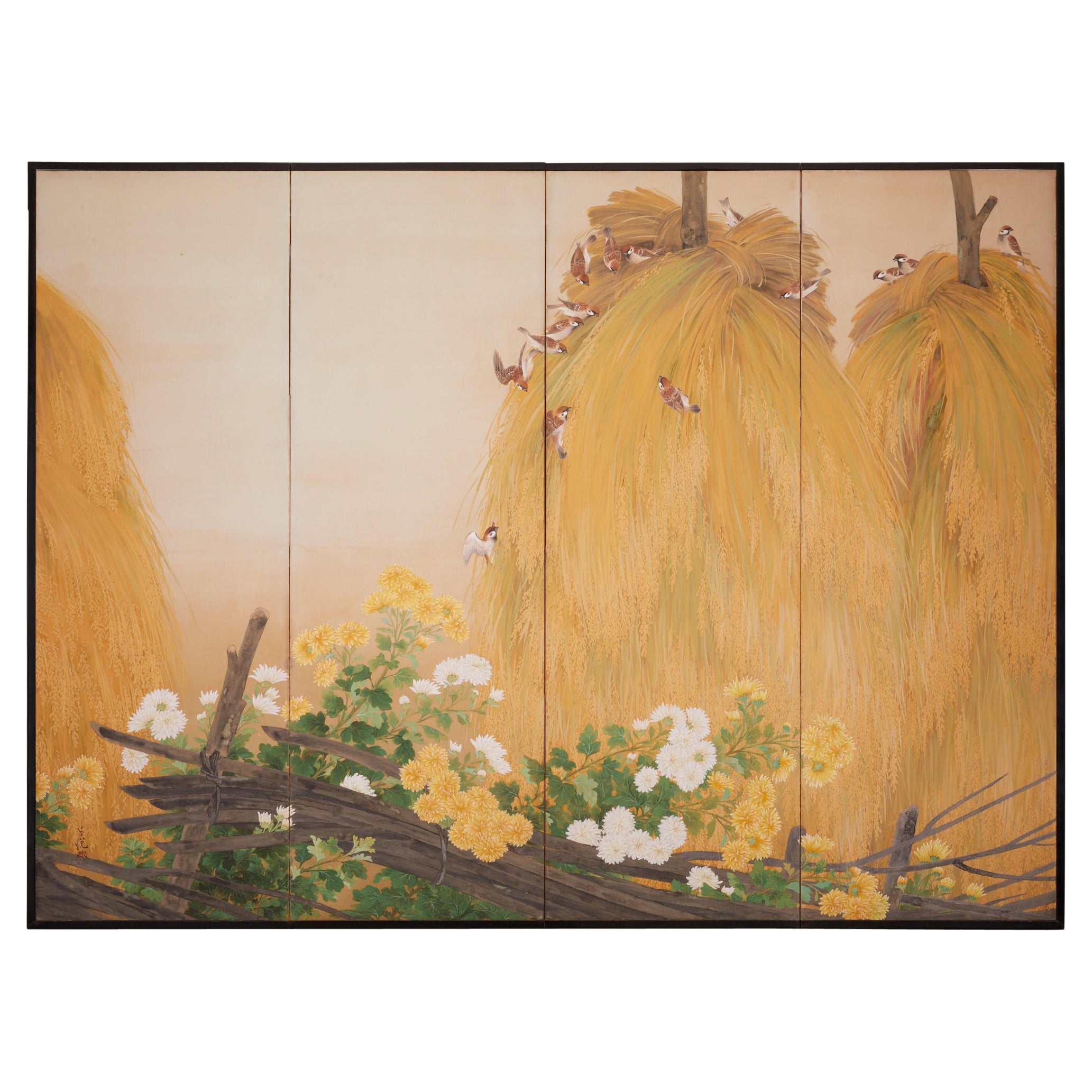 Japanese Four Panel Screen: Japanese Tree Sparrows on Stacks of Bailed Rice For Sale