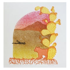 Surreal Bear, Cactus, Pink & Yellow Landscape Serigraph