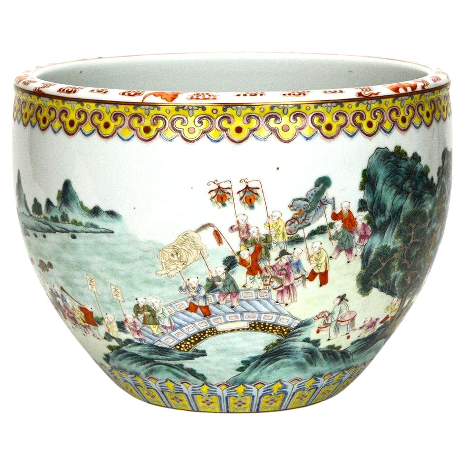Superb Chinese Qing Qianlong Famille Rose Children Parade Porcelain Jardiniere For Sale