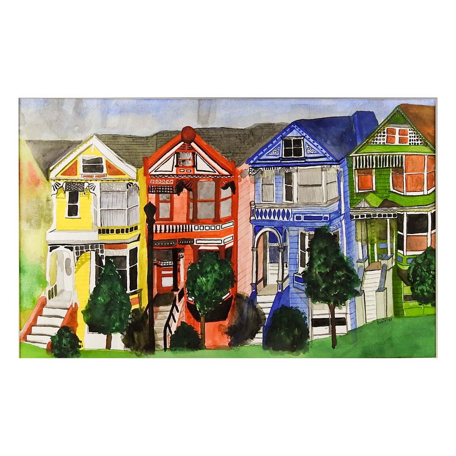 1990s San Francisco Painted Ladies Watercolor For Sale