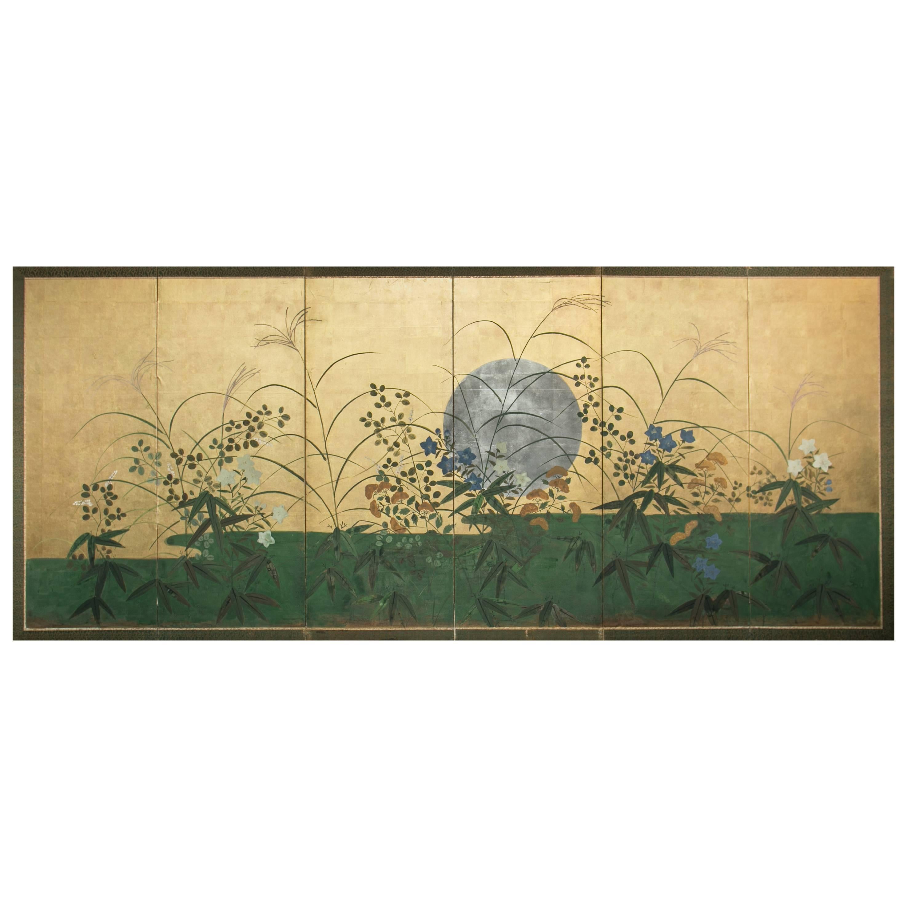 19th Century Japanese Six Panel Screen: Silver Moon Rising Over Summer Field