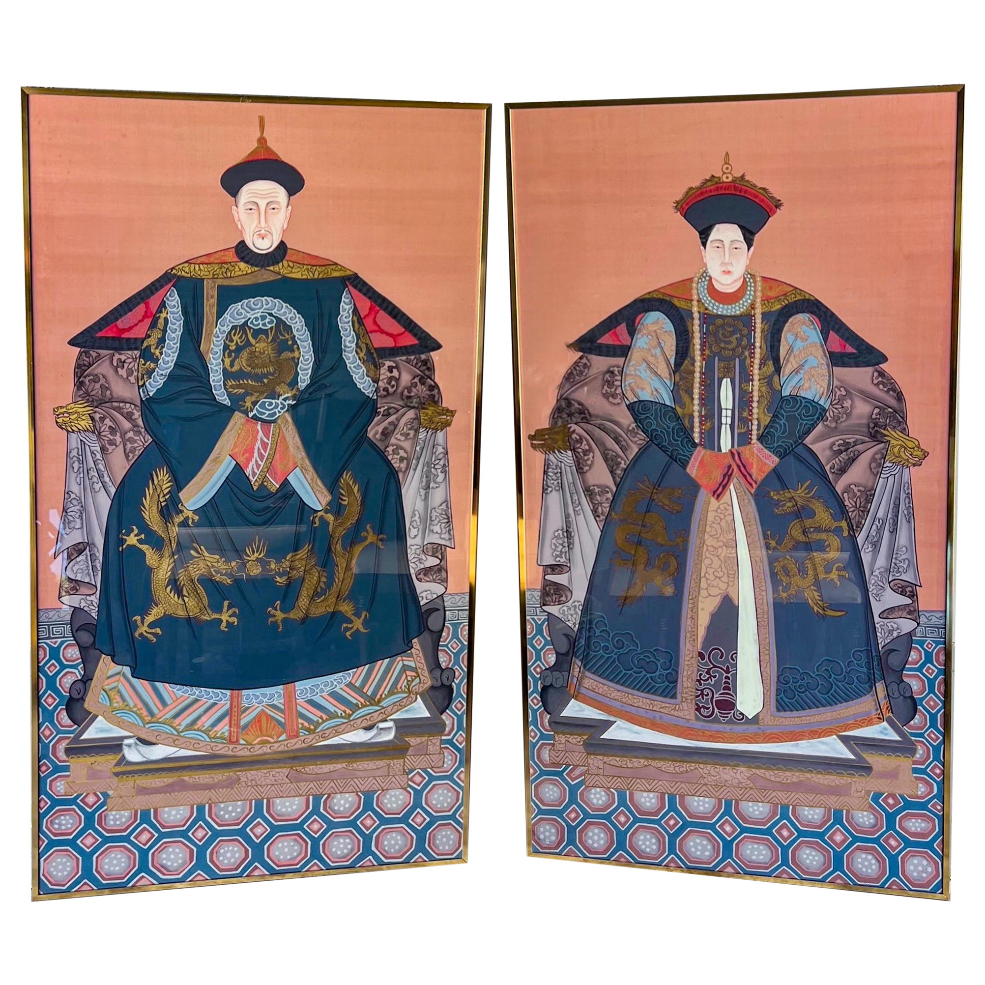 Pair Of Large Scale Framed Chinese Ancestor Portraits, Oil On Silk