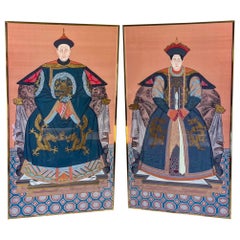 Pair Of Large Scale Framed Chinese Ancestor Portraits, Oil On Silk