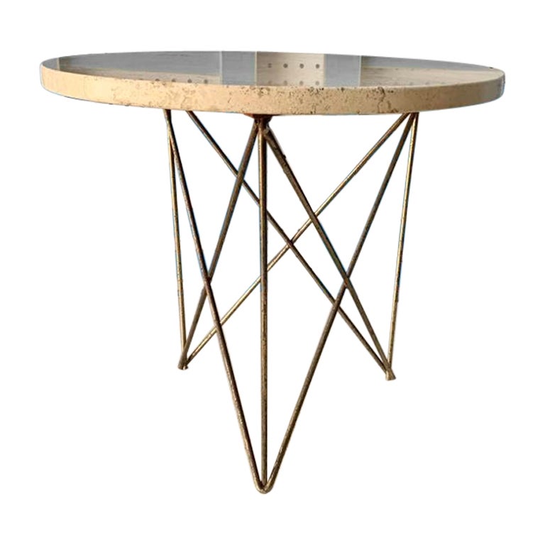 Travertine Side Table W/ Brass Wire Base by Martin Perfit for Rene Brancusi