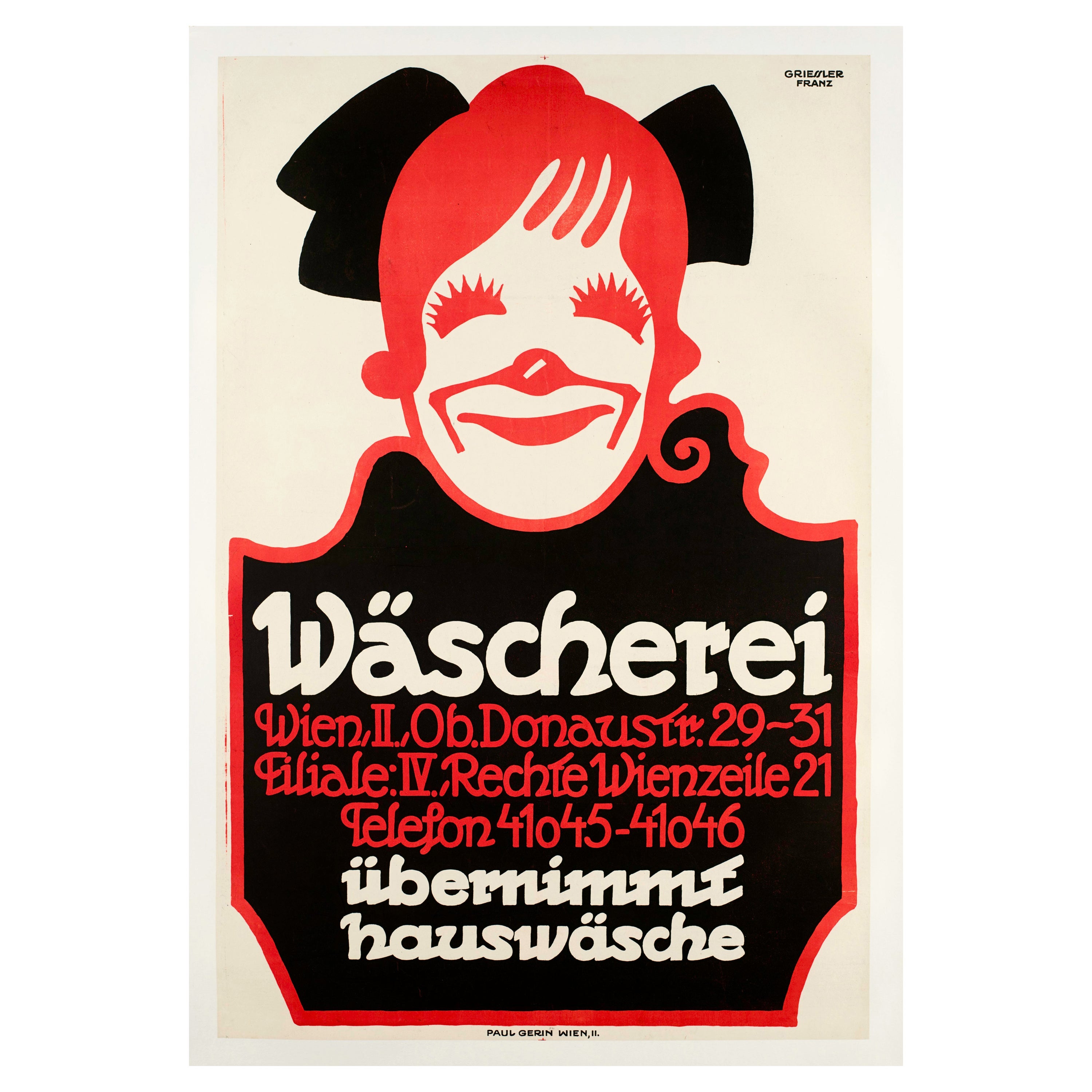 Franz Griessler, affiche Art déco originale, Wäscherei, blanchisserie, Vienne, années 1920 
