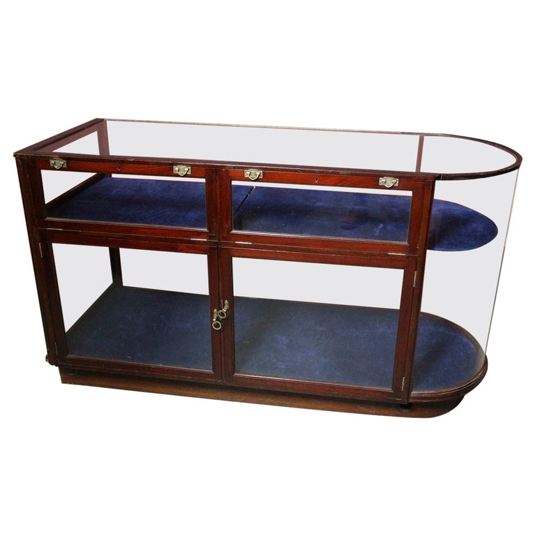 Antique Mahogany Counter / Display Case with Curved Glass For Sale at