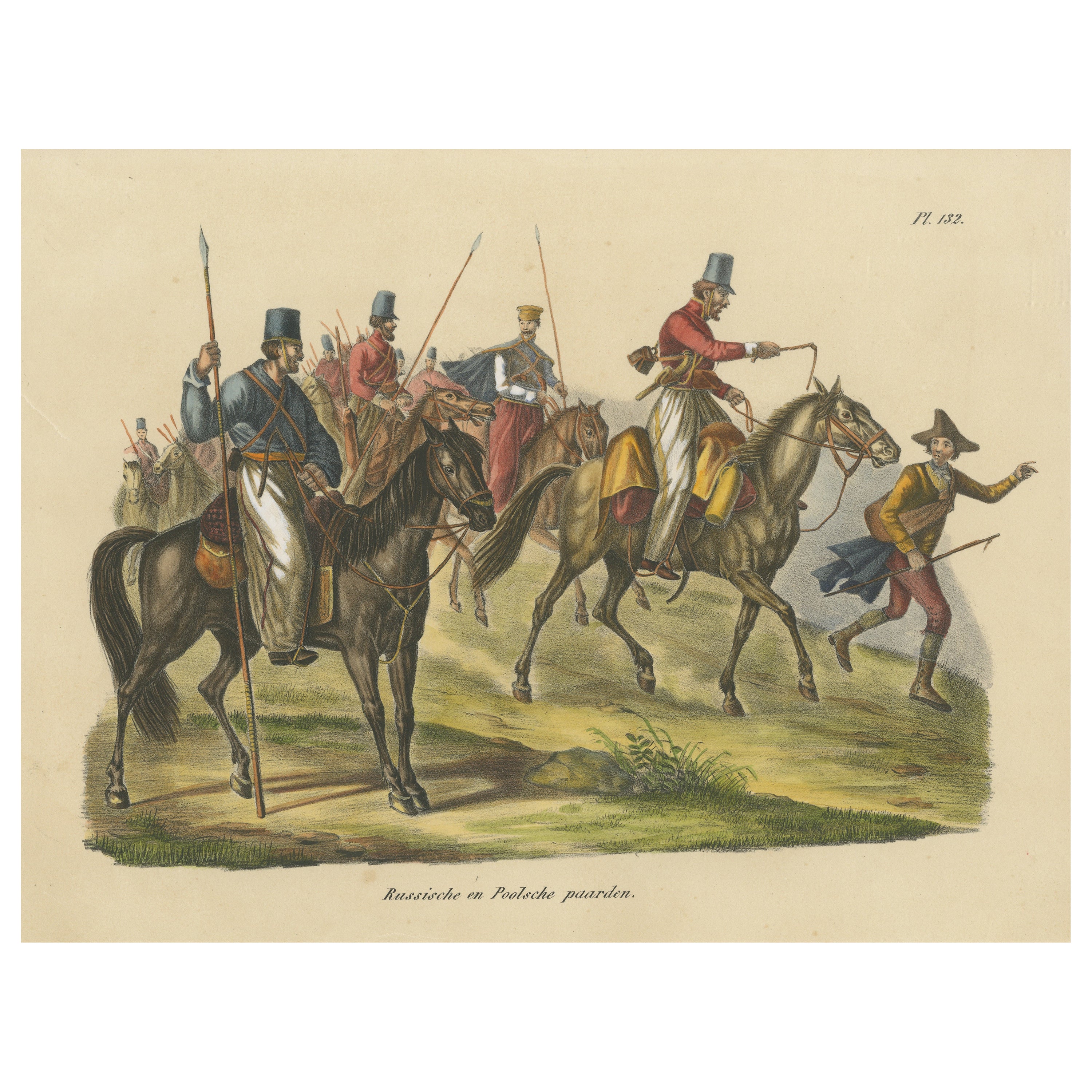 Antique Hand Colored Print of Russian and Polish Horses