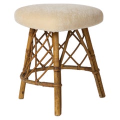 Signed Braided Rattan Stool W. Pierre Frey Beige Mohair by Hudon, France 1950's
