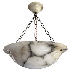 Timeless, Good Size & Mint Art Deco White and Black Alabaster Pendant Light