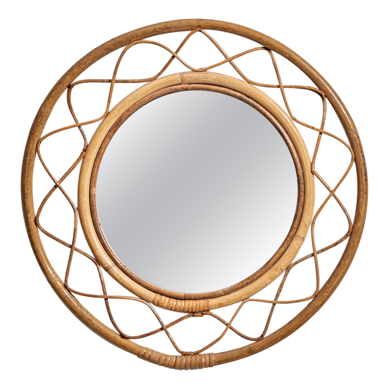 Italian Designer, Wall Mirror, Bamboo, Rattan, Mirror, Italy, 1960s For Sale