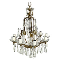 Vintage French Bronze 10 Arm Cut Crystals Chandelier and Bobeches