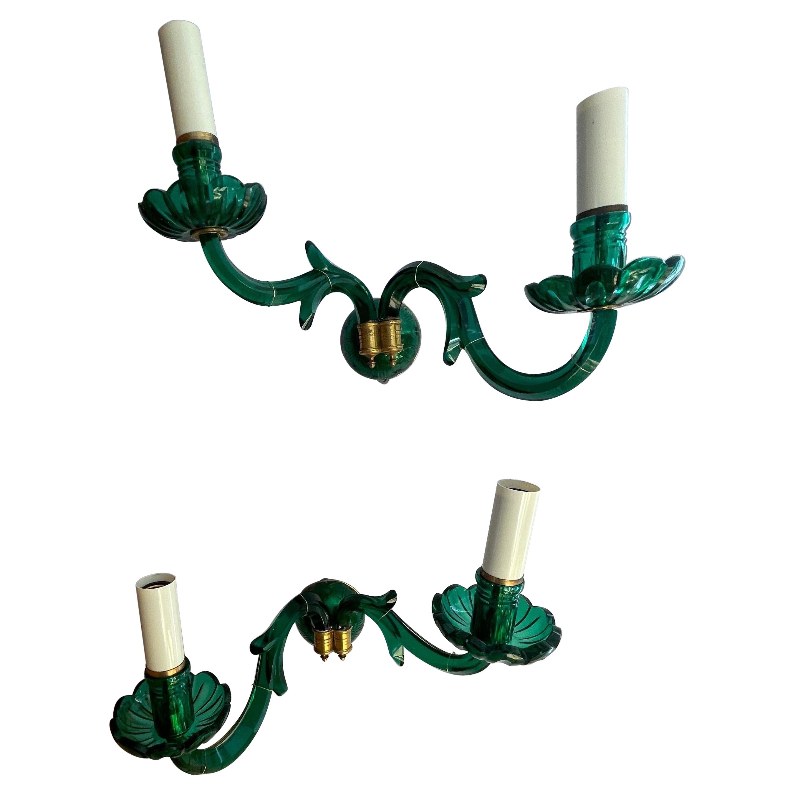 Beautiful vintage emerald green art glass French wired sconces 