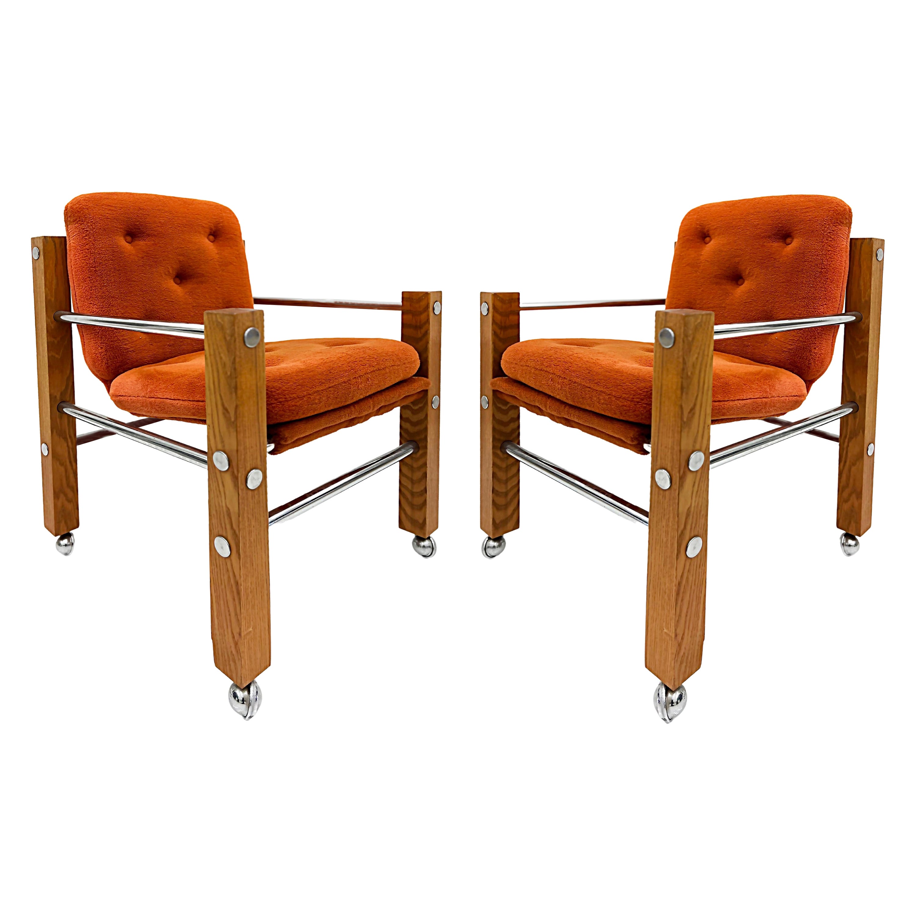 1970s Vintage Architectural Form Armchairs on Casters, Pair