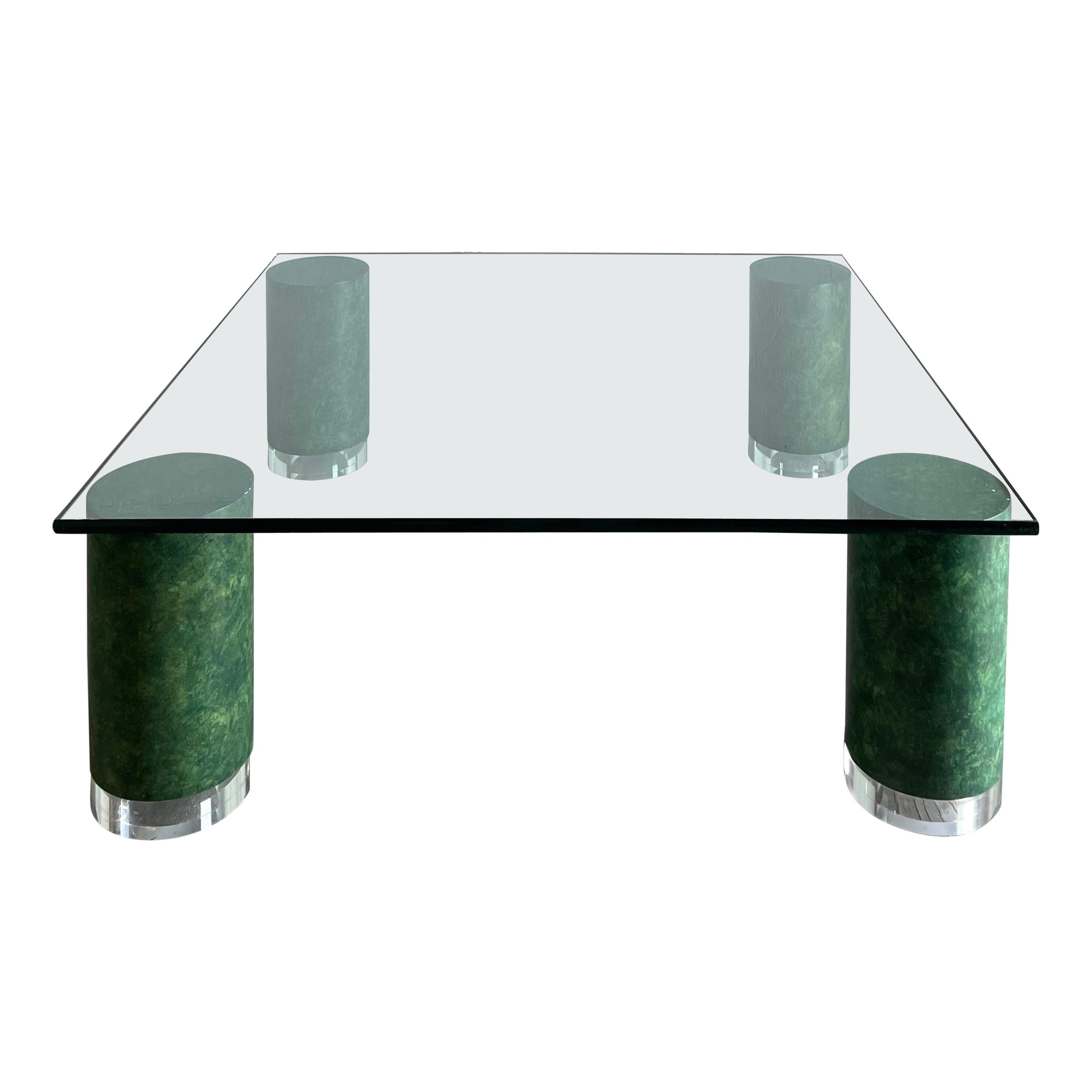 Glass Top Coffee Table on Thick Cylinder Faux Malachite/Marble Legs Lucite Caps For Sale