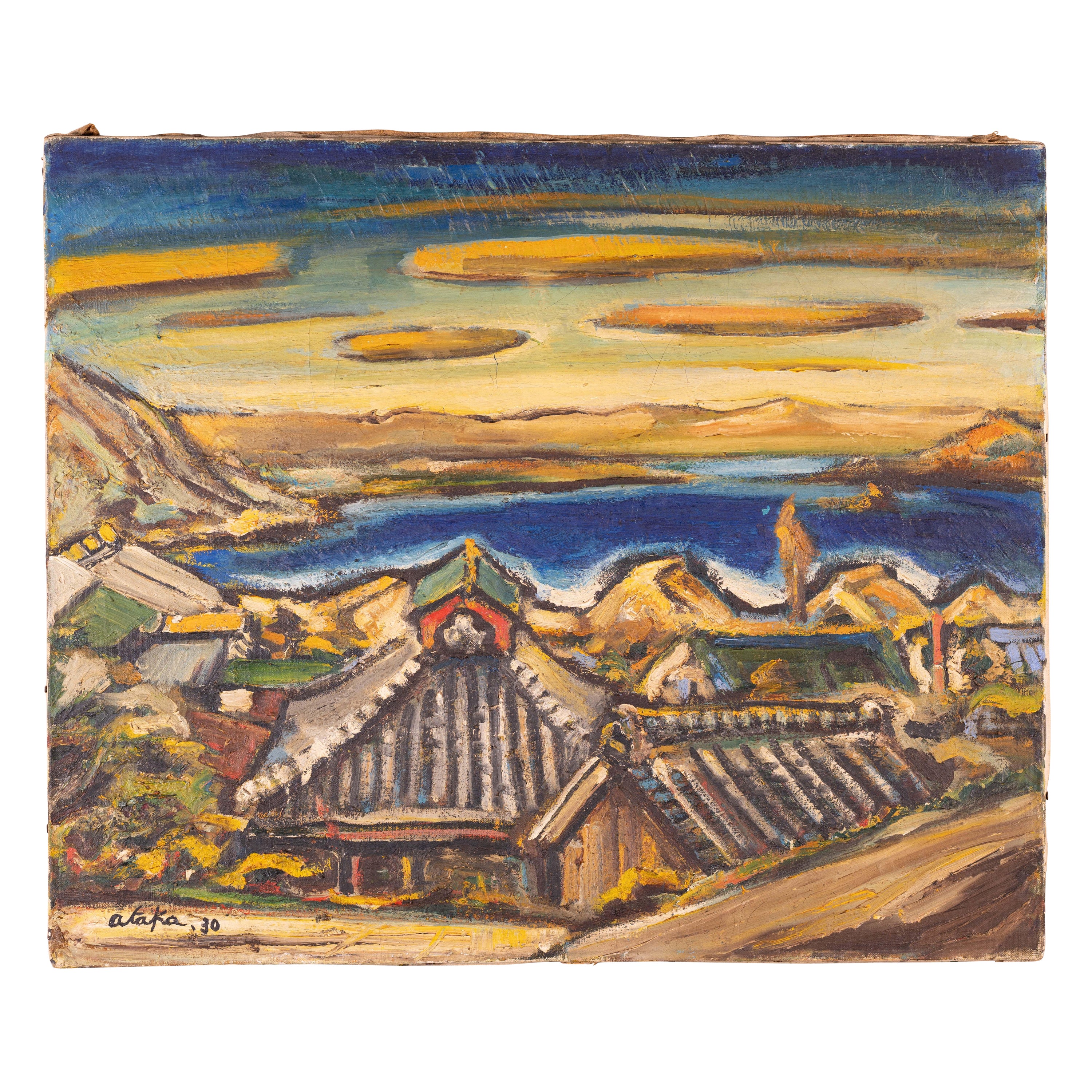 Peinture moderniste japonaise d'un village de bord de mer par Torao Ataka datée de 1930
